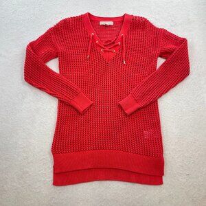 Michael Kors Oversize Red/Orange Lace Up Knit V-Neck Long Sleeve Sweater XS
